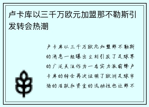 卢卡库以三千万欧元加盟那不勒斯引发转会热潮 卢卡库以三千万欧元加盟那不勒斯引发转会热潮