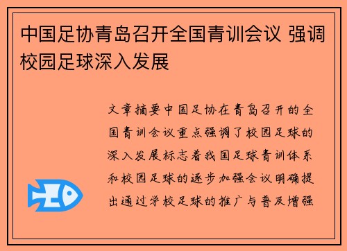 中国足协青岛召开全国青训会议 强调校园足球深入发展
