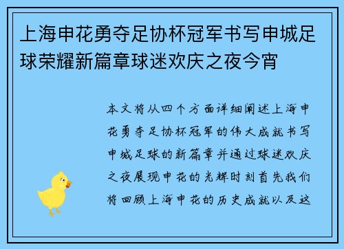 上海申花勇夺足协杯冠军书写申城足球荣耀新篇章球迷欢庆之夜今宵